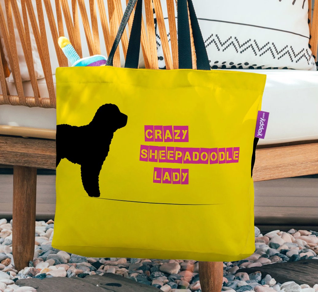 Crazy Dog Lady: Personalised {breedFullName} Canvas Bag - hanging on a chair