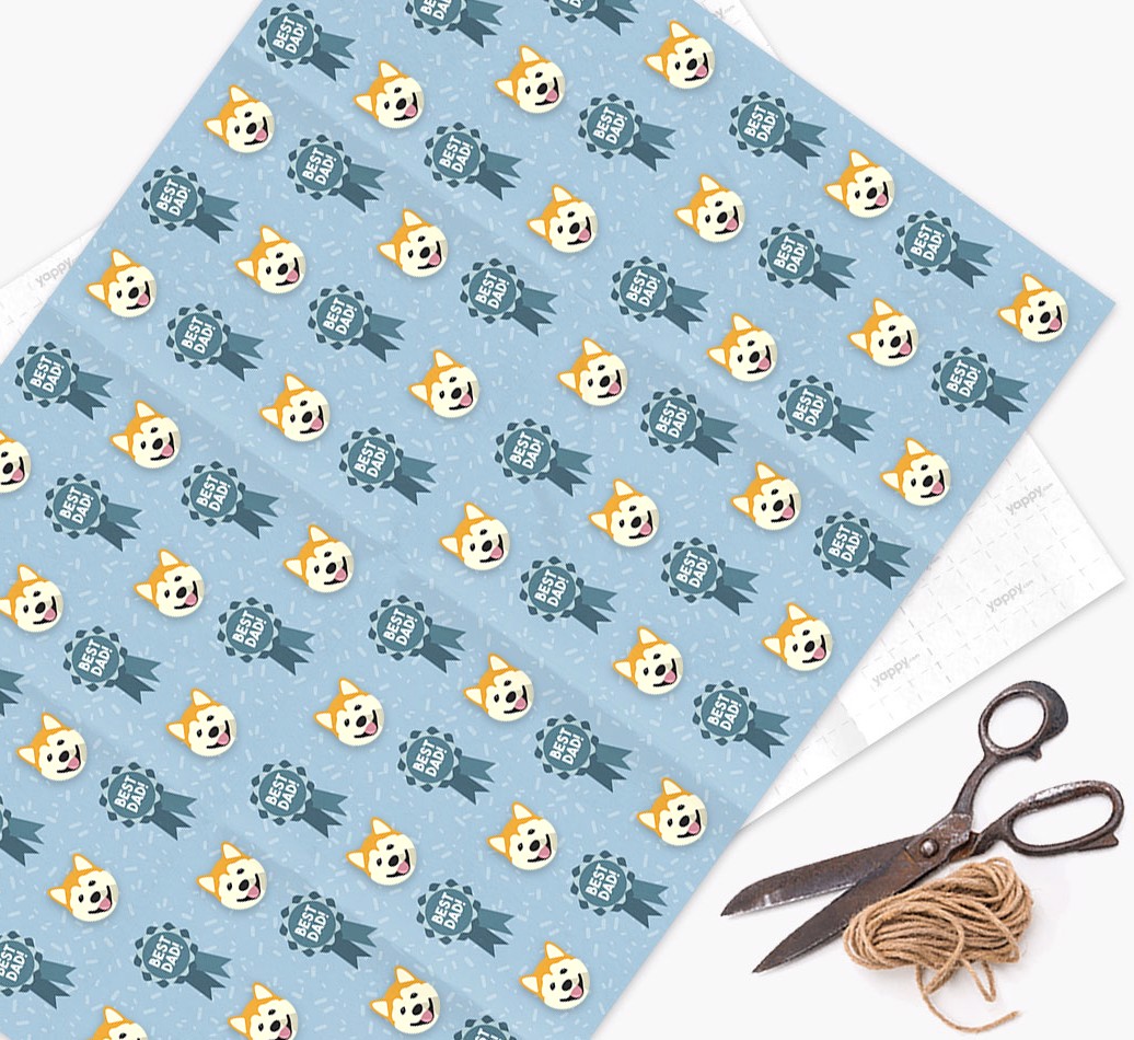 'Best Dad' Ribbon Wrapping Paper with {breedFullName} Icons - wrapping paper, scissors and string