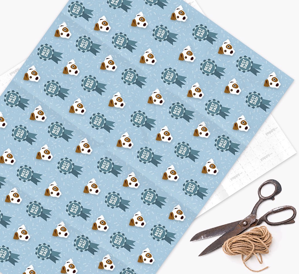 'Best Dad' Ribbon Wrapping Paper with {breedFullName} Icons - wrapping paper, scissors and string