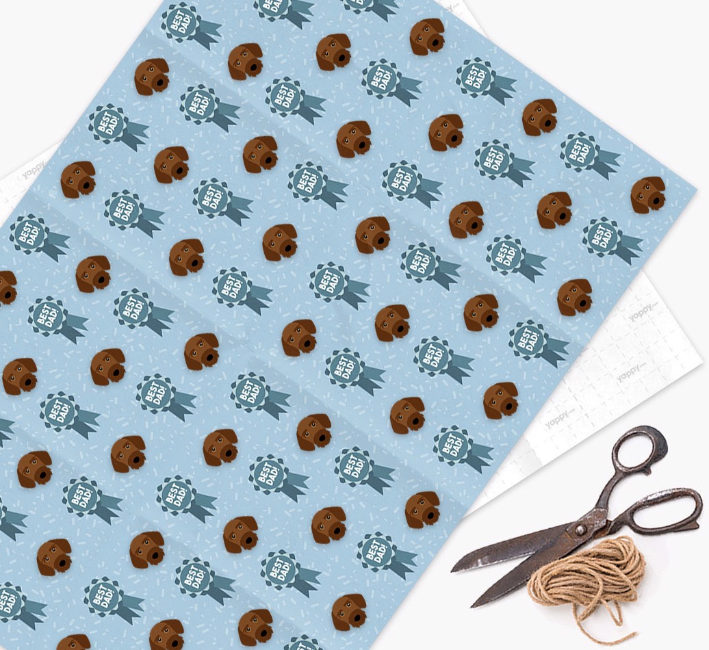 'Best Dad' Ribbon Wrapping Paper with {breedFullName} Icons - wrapping paper, scissors and string