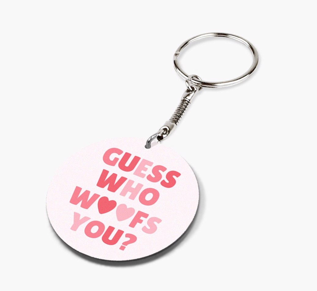 'Double-sided 'Guess Who Woofs You' Keyring with {breedFullName} Icon