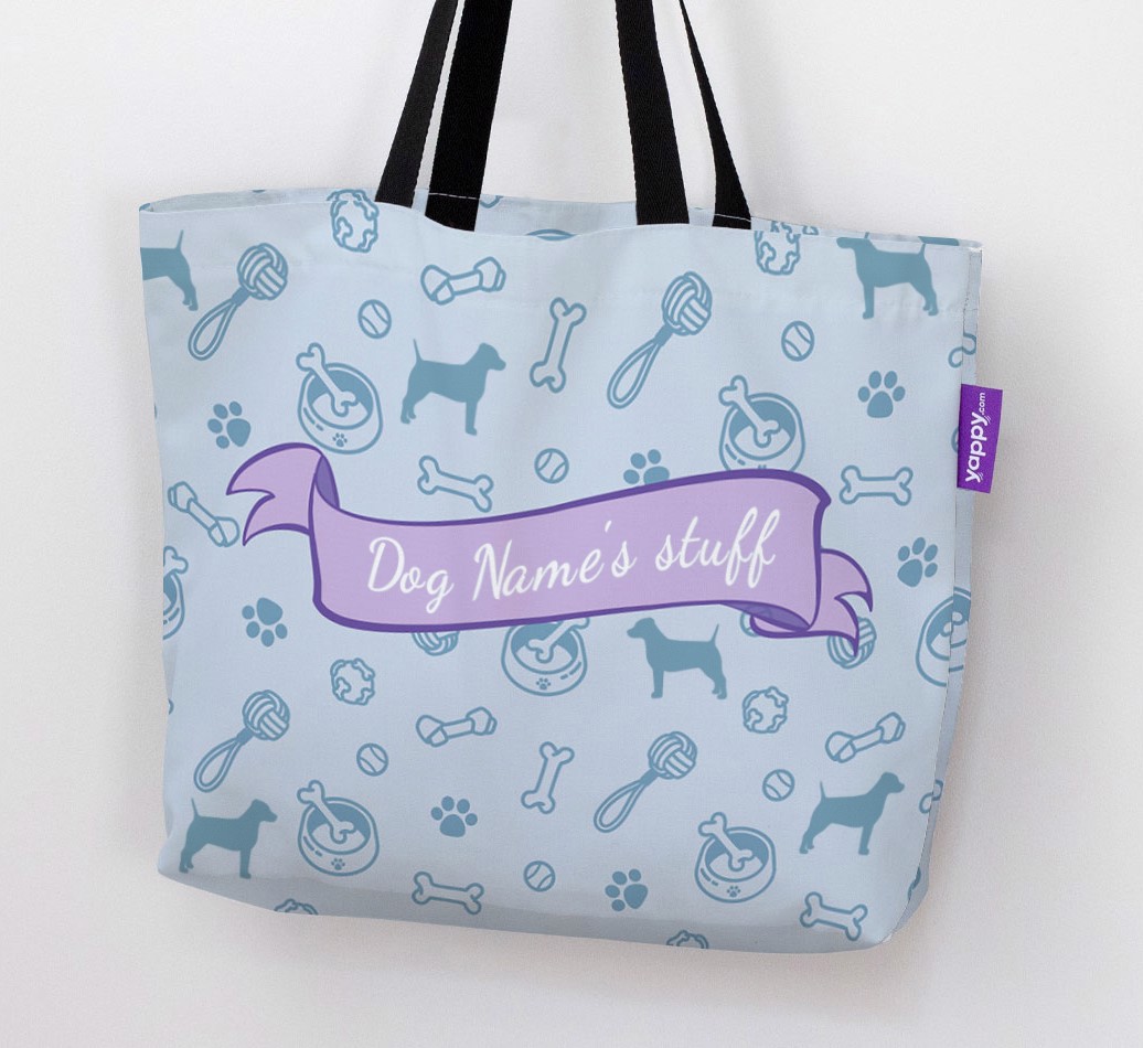 Woman holding '{dogsName}'s Stuff' - Personalised {breedFullName} Canvas Bag