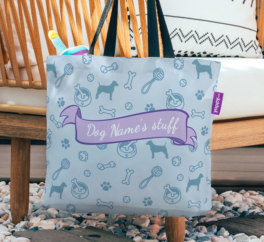 {dogsName}'s Stuff: Personalised {breedFullName} Canvas Bag - hanging on a chair