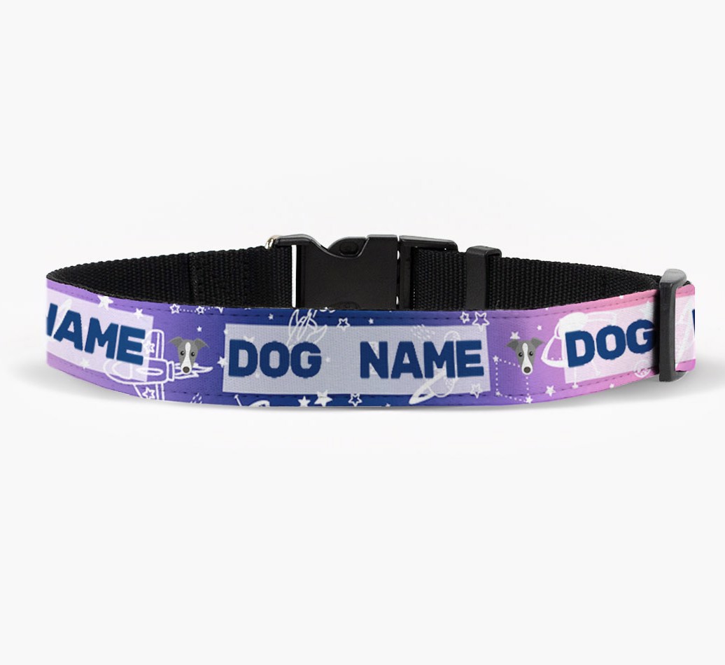 'Personalised Fabric Collar with Space Pattern and {breedFullName} Icon front view