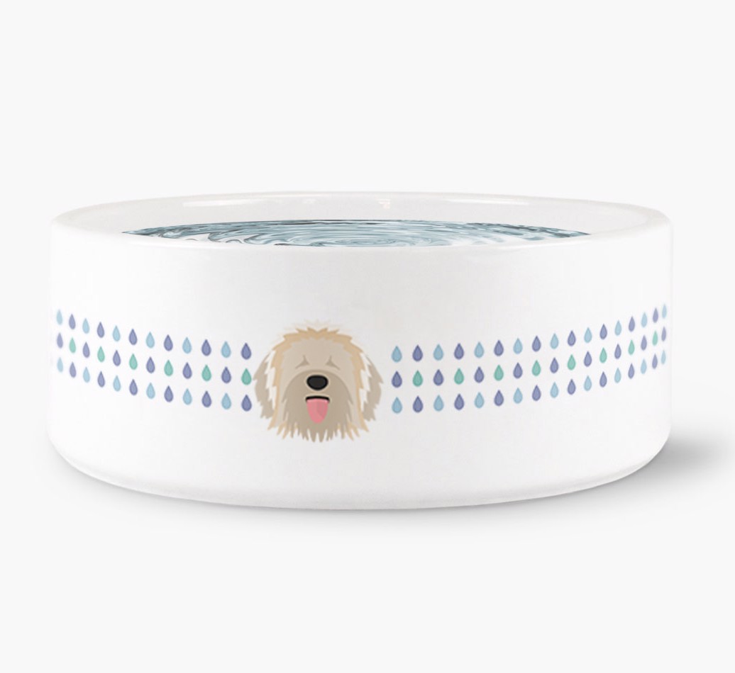 'Droplets Water Bowl with {breedFullName} Icon front view