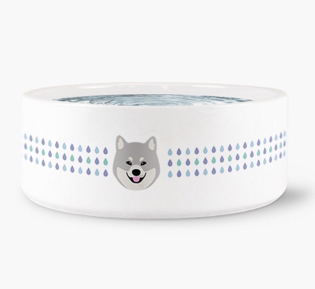 'Droplets Water Bowl with {breedFullName} Icon front view