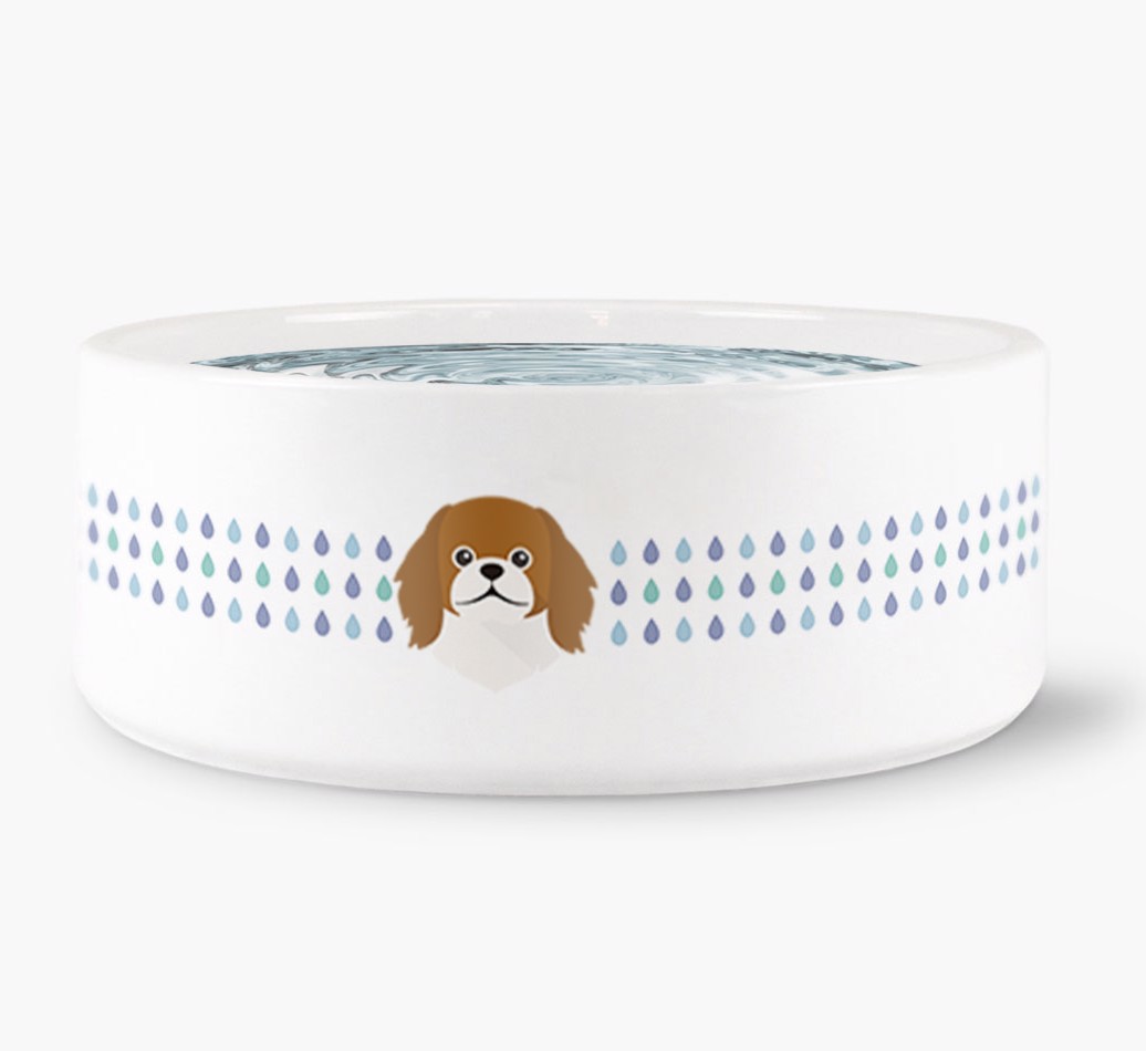 'Droplets Water Bowl with {breedFullName} Icon front view