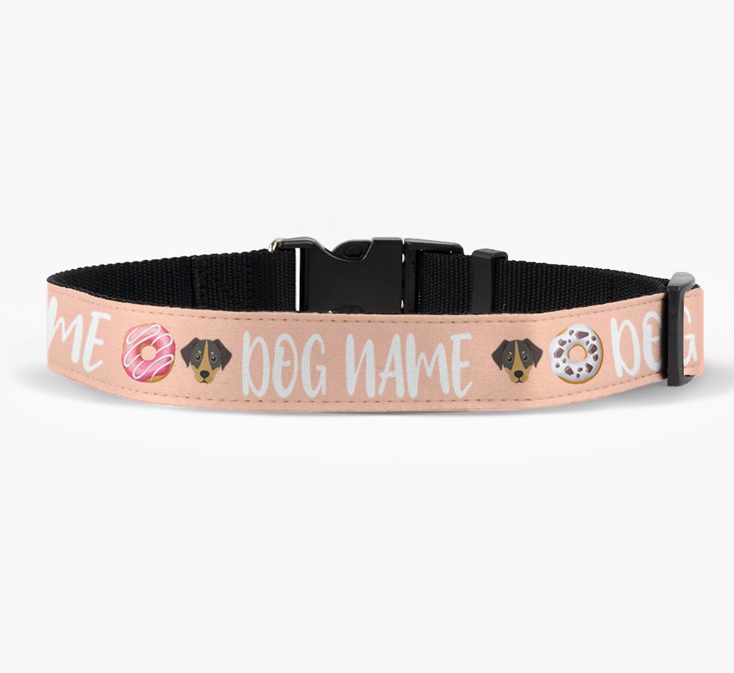 Personalized Fabric Collar with Doughnut Pattern and {breedFullName} Icon front view