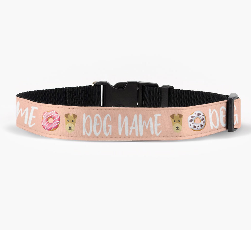 Personalized Fabric Collar with Doughnut Pattern and {breedFullName} Icon front view