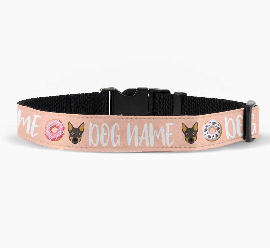 'Personalised Fabric Collar with Doughnut Pattern and {breedFullName} Icon front view
