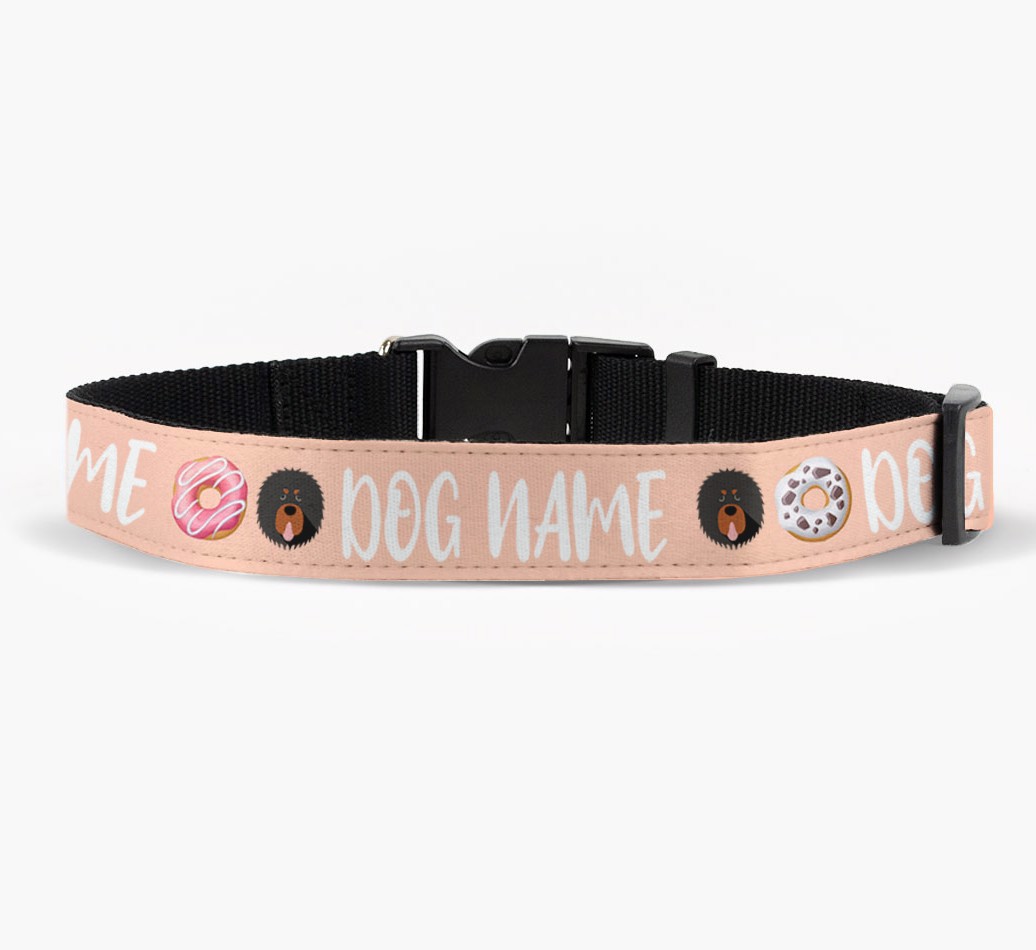 Personalized Fabric Collar with Doughnut Pattern and {breedFullName} Icon front view