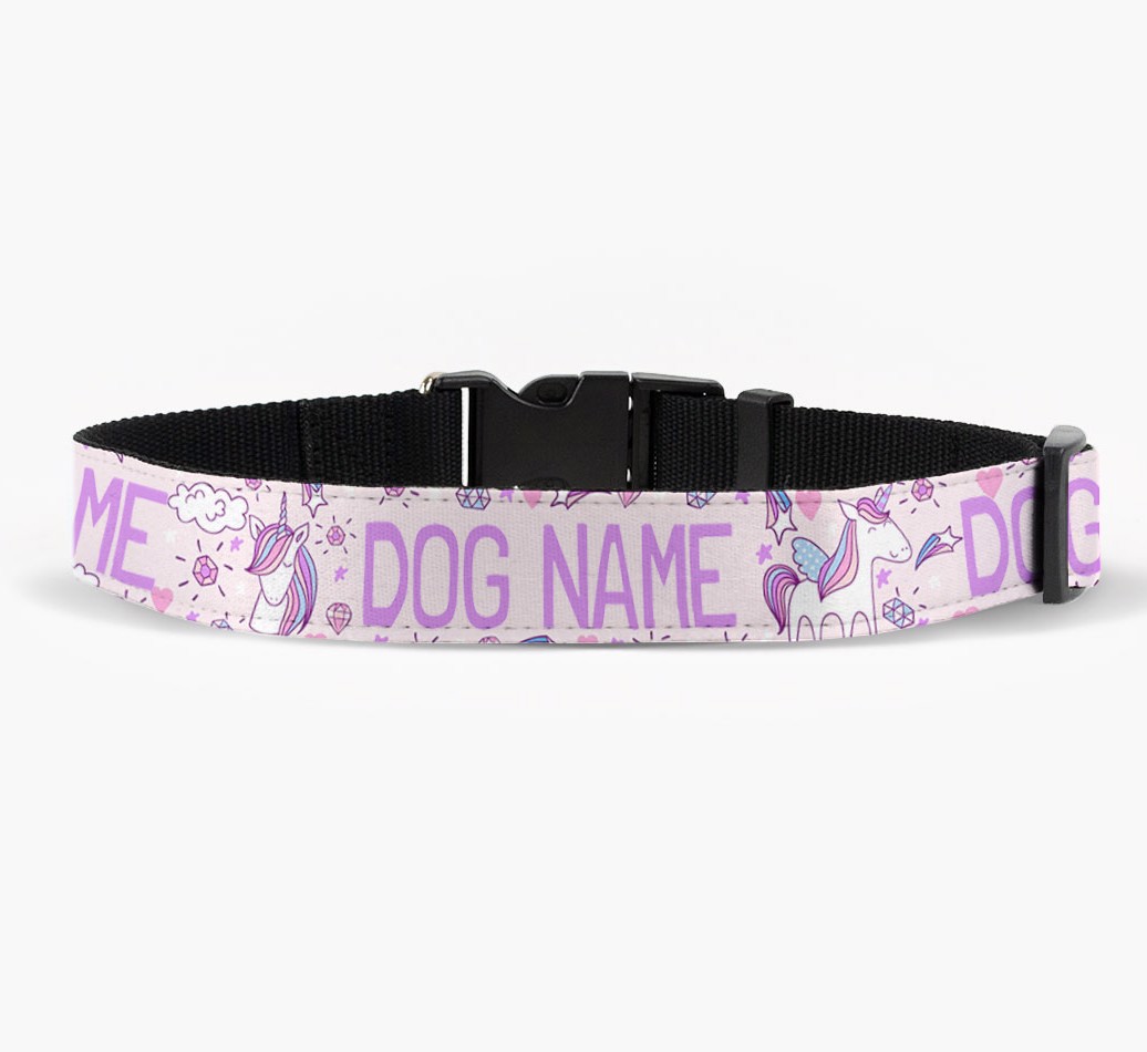 'Personalised Fabric Collar with Unicorn Pattern and {breedFullName} Icon front view
