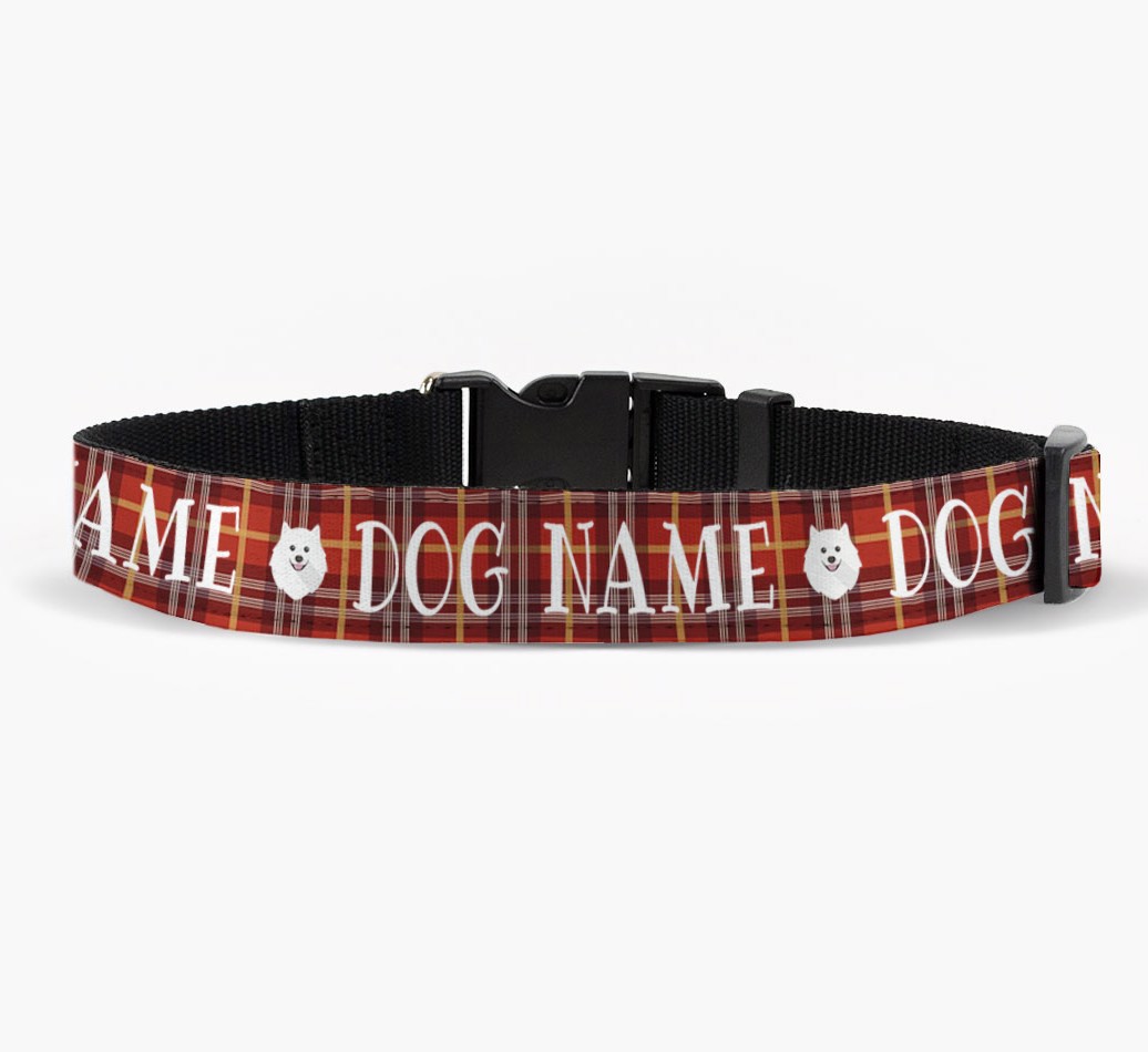 'Personalised Fabric Collar with Tartan Pattern and {breedFullName} Icon front view