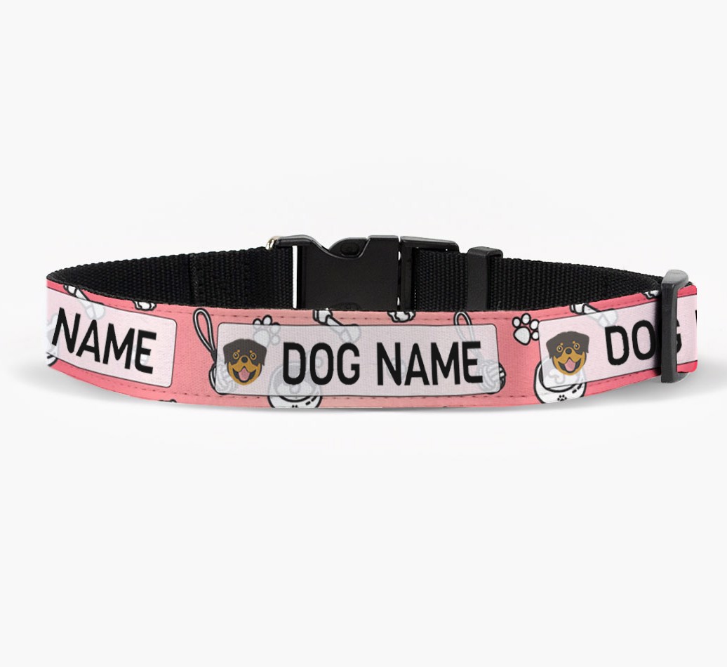 Personalized Fabric Collar with Dog Items Pattern and {breedFullName} Icon front view