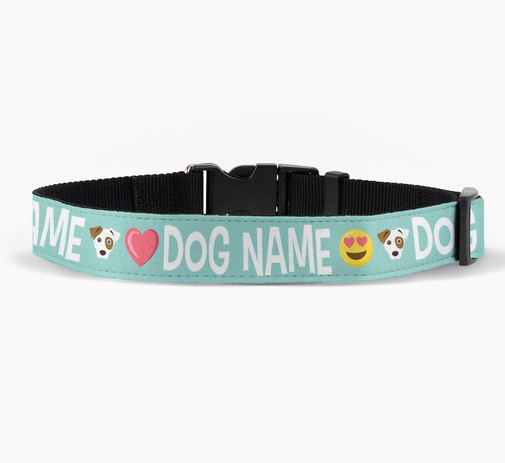 Personalized Fabric Collar with Emojis and {breedFullName} Icon front view