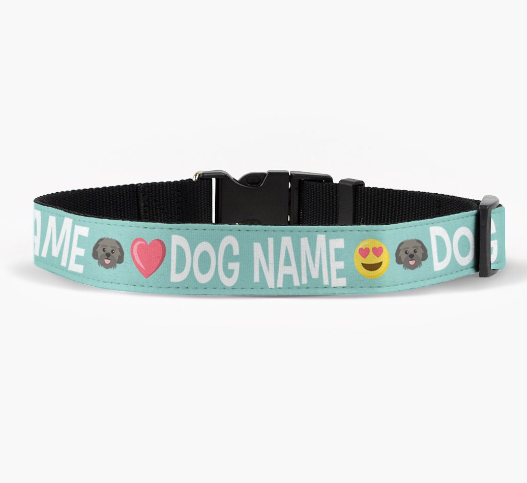 'Personalised Fabric Collar with Emojis and {breedFullName} Icon front view