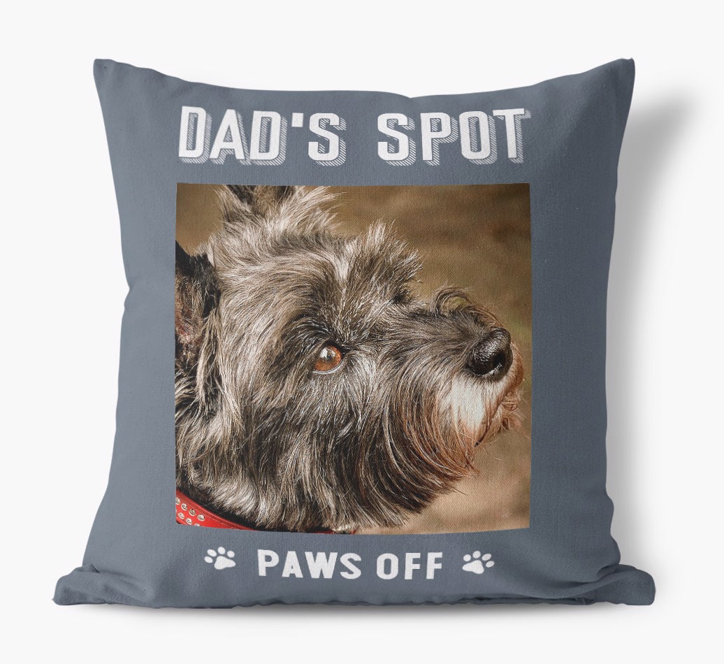 Dad's Spot, Paws Off: {breedFullName} Photo Upload Canvas Cushion front view