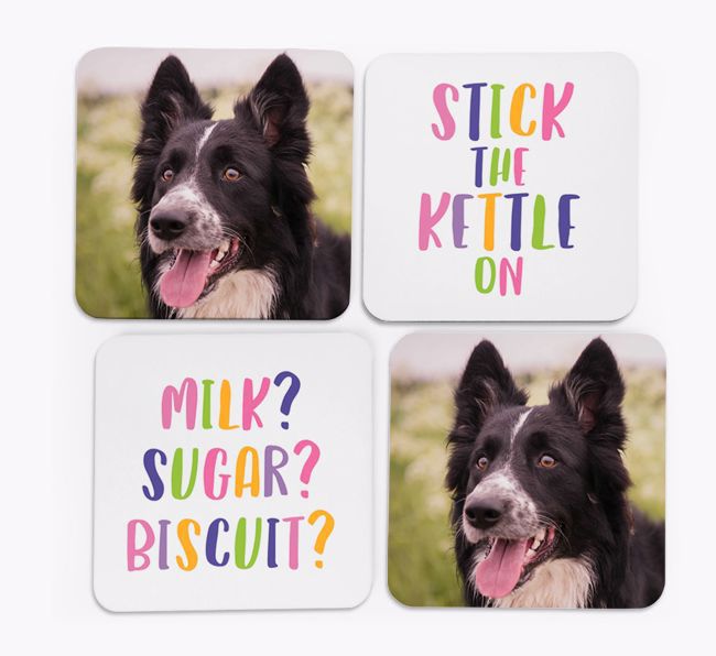 'Stick The Kettle On' Coasters with Photo of your {breedFullName} - Set of 4
