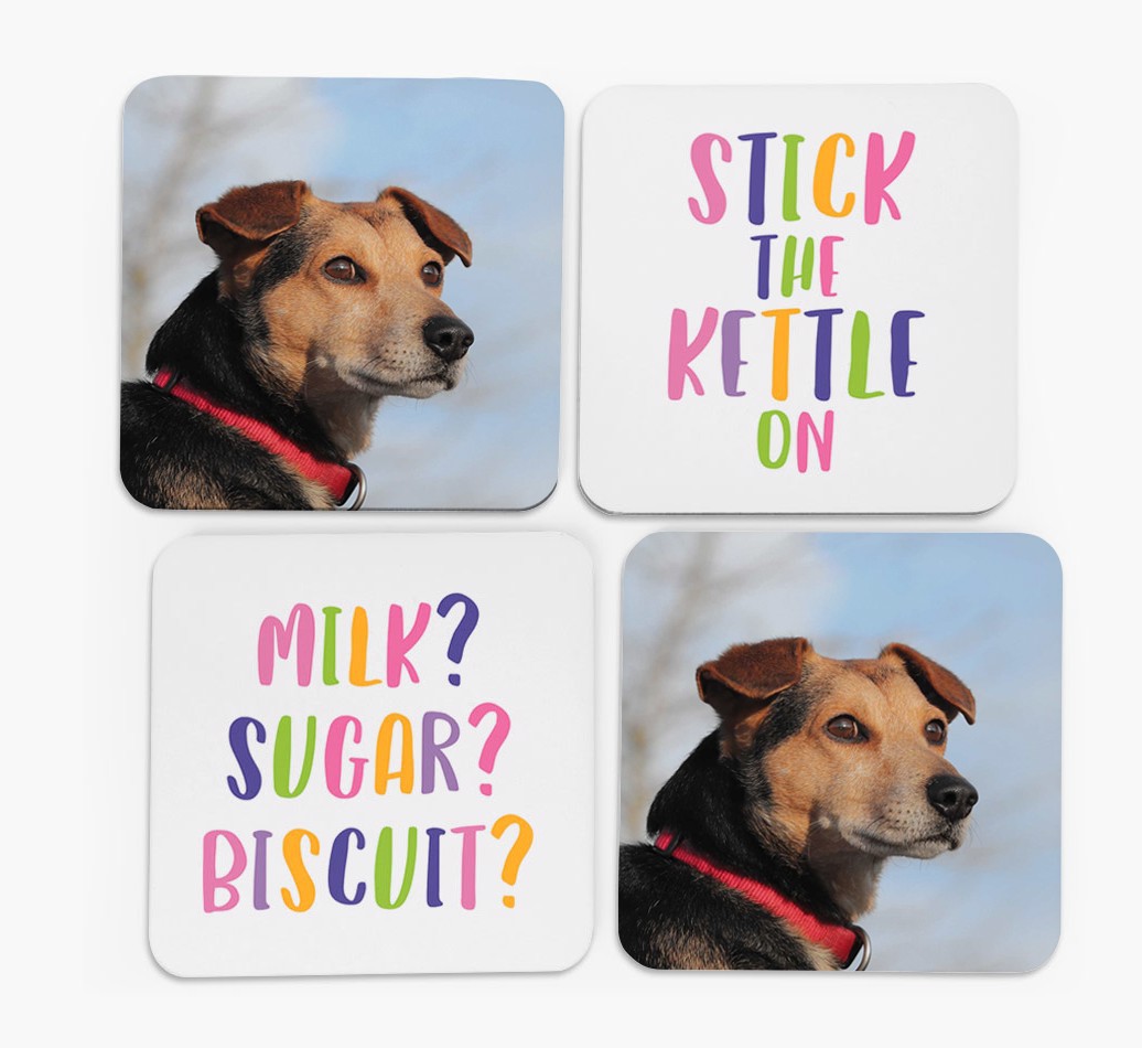 'Stick The Kettle On' - Coasters with Photo of your {breedFullName} (Set of 4)