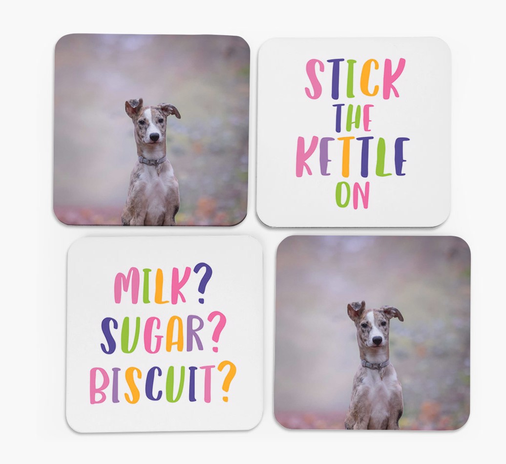 'Stick The Kettle On' - Coasters with Photo of your {breedFullName} (Set of 4)