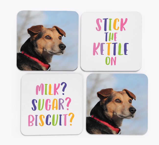 'Stick The Kettle On' Coasters with Photo of your {breedFullName} - Set of 4