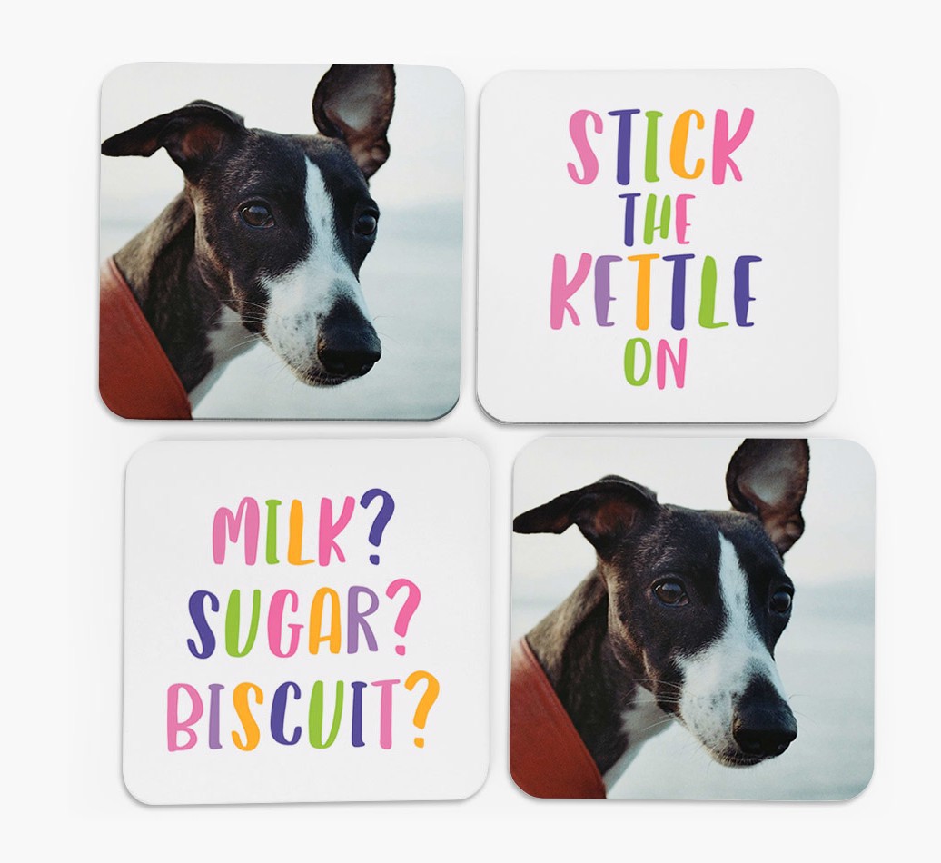 'Stick The Kettle On' - Coasters with Photo of your {breedFullName} (Set of 4)