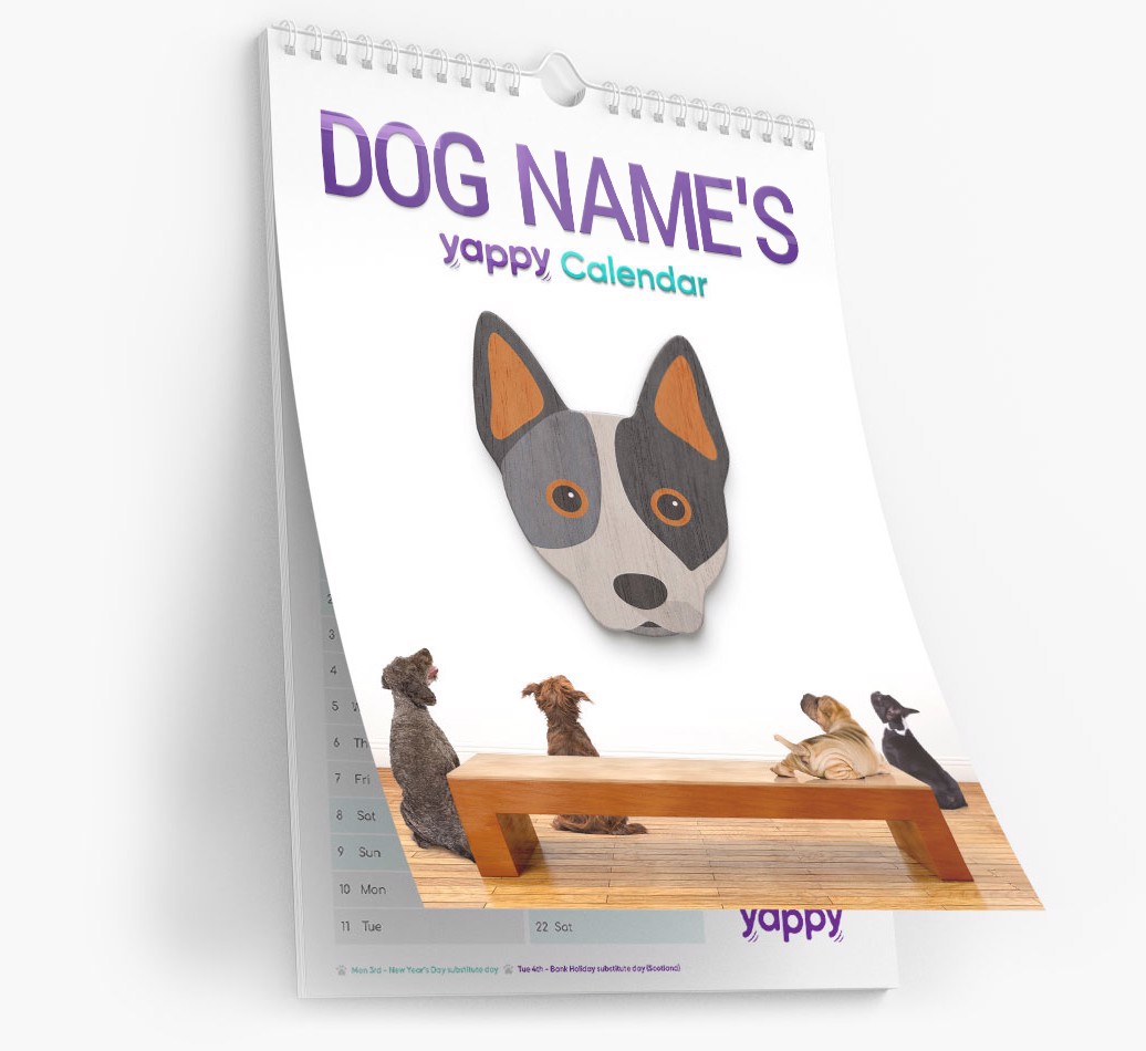 Personalised {breedFullName} Calendar for {dogsName|Your Dog} - Cover Page Angled Shot