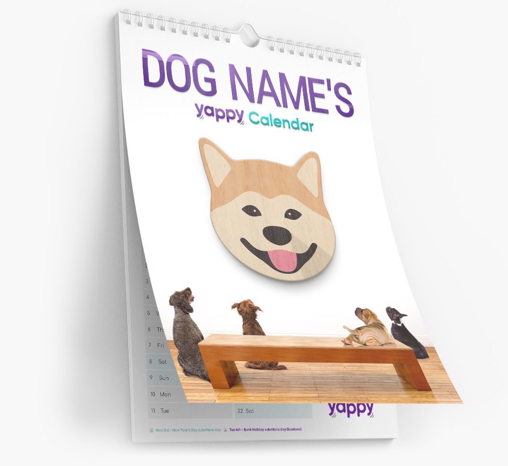 Personalised {breedFullName} Calendar for {dogsName|Your Dog} - Cover Page Angled Shot