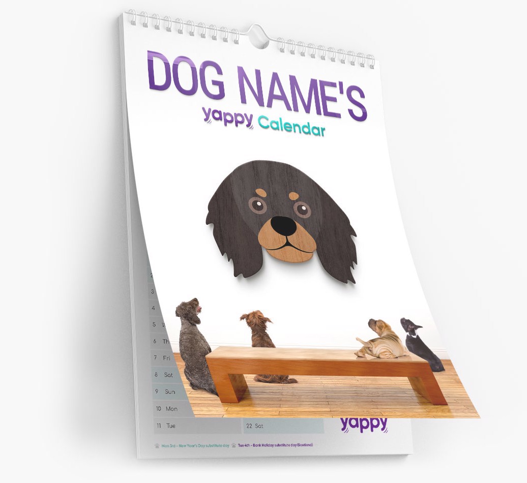 Personalised {breedFullName} Calendar for {dogsName|Your Dog} - Cover Page Angled Shot