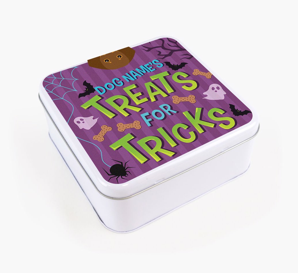 'Treats For Tricks' - Personalised Square Treat Tin with {breedFullName} Icon