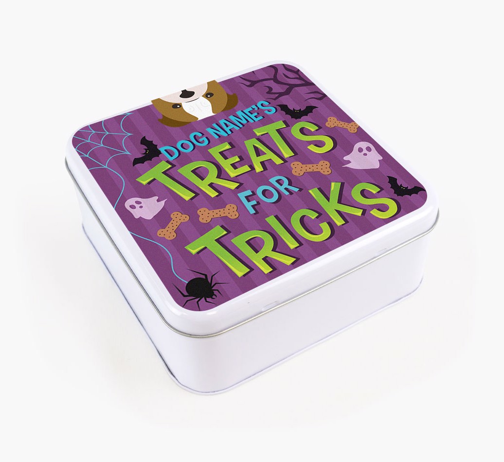 'Treats For Tricks' - Personalised Square Treat Tin with {breedFullName} Icon