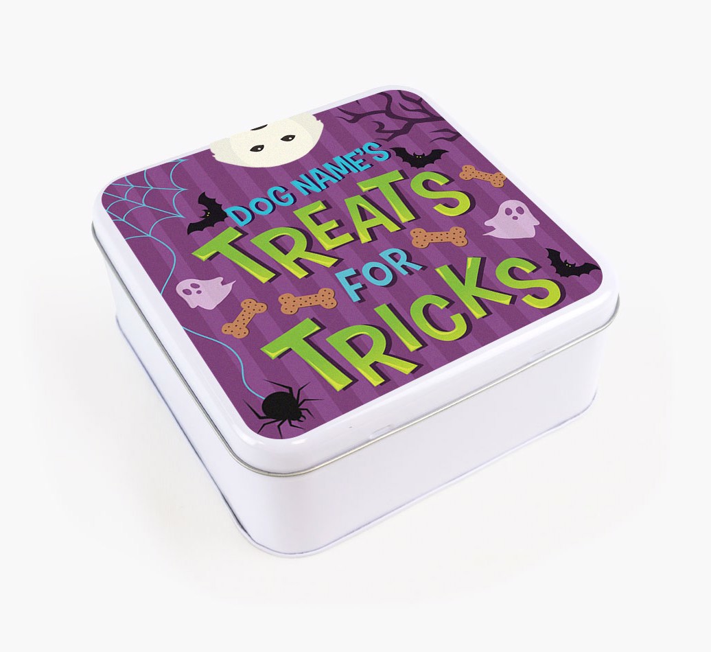 'Treats For Tricks' - Personalised Square Treat Tin with {breedFullName} Icon