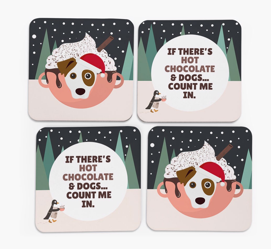 'Hot Chocolate and Dogs' Coasters with {breedFullName} Icon - Set of 4 Icon Coaster - front of coasters