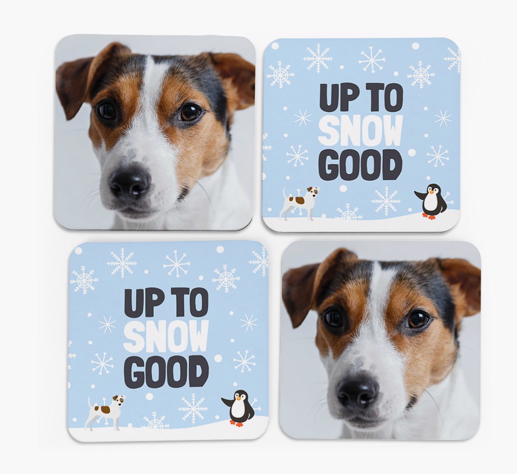 'Up To Snow Good' Coasters with {breedFullName} Photo - Set of 4 Icon Coaster - front of coasters
