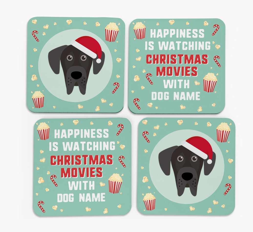 'Christmas Movies with {dogsName}' Coasters - Set of 4 Icon Coaster - front of coasters