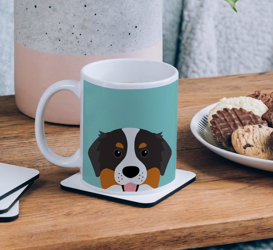 Peeking Icon: Personalized {breedCommonName} Mug - on a coffee table