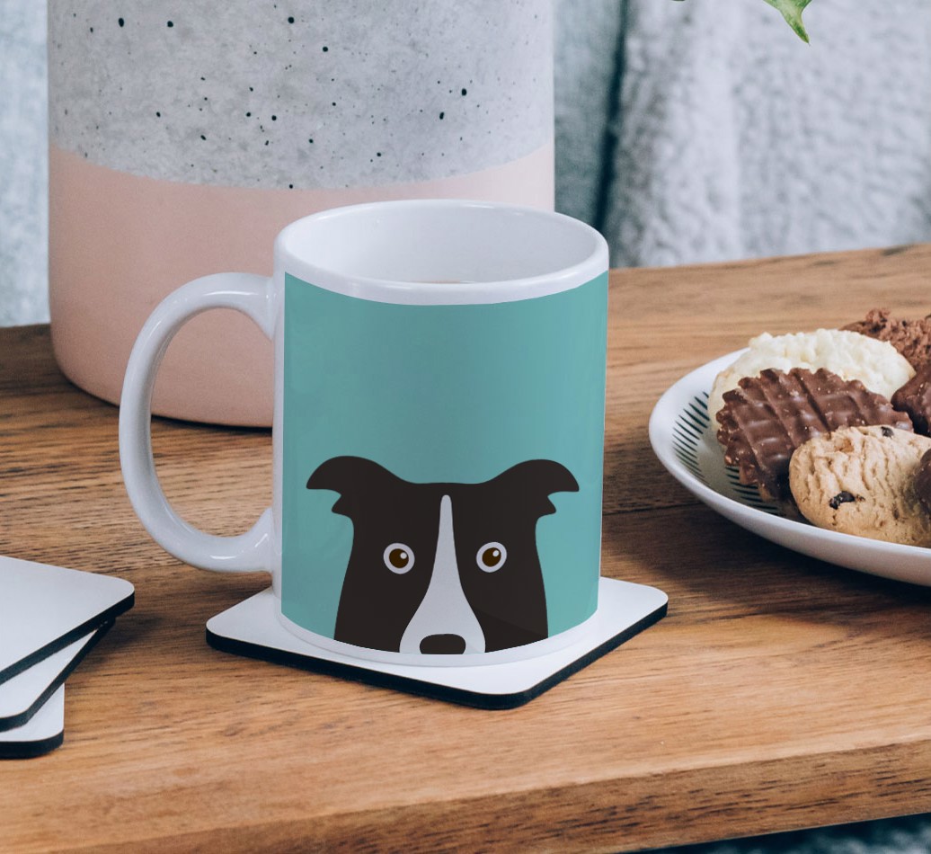 Peeking Icon: Personalized {breedCommonName} Mug - on a coffee table