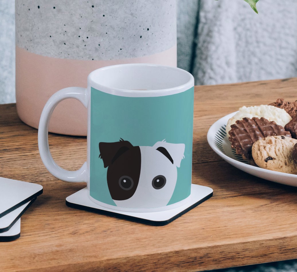 Peeking Icon: Personalised {breedCommonName} Mug - on a coffee table