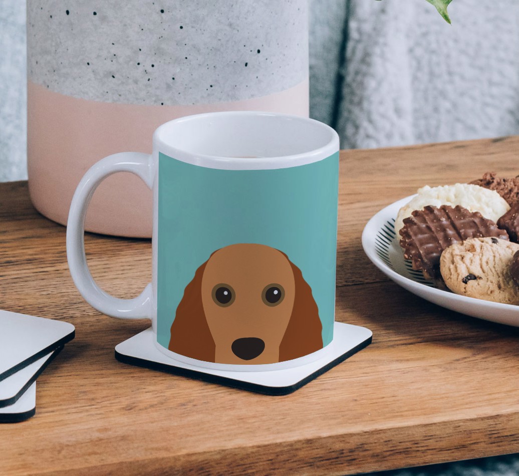 Peeking Icon: Personalized {breedCommonName} Mug - on a coffee table