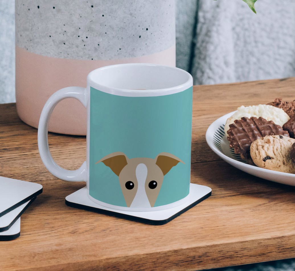 Peeking Icon: Personalised {breedCommonName} Mug - on a coffee table