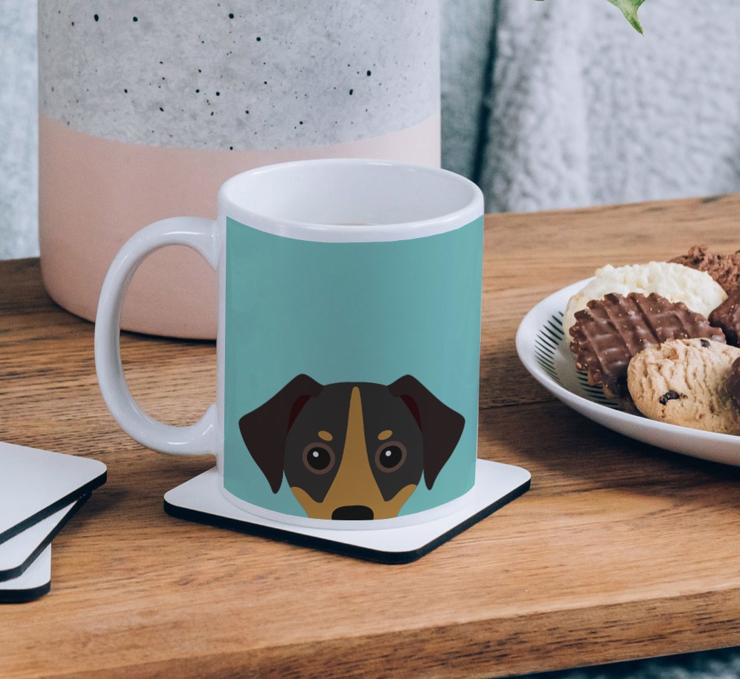 Peeking Icon: Personalized {breedCommonName} Mug - on a coffee table