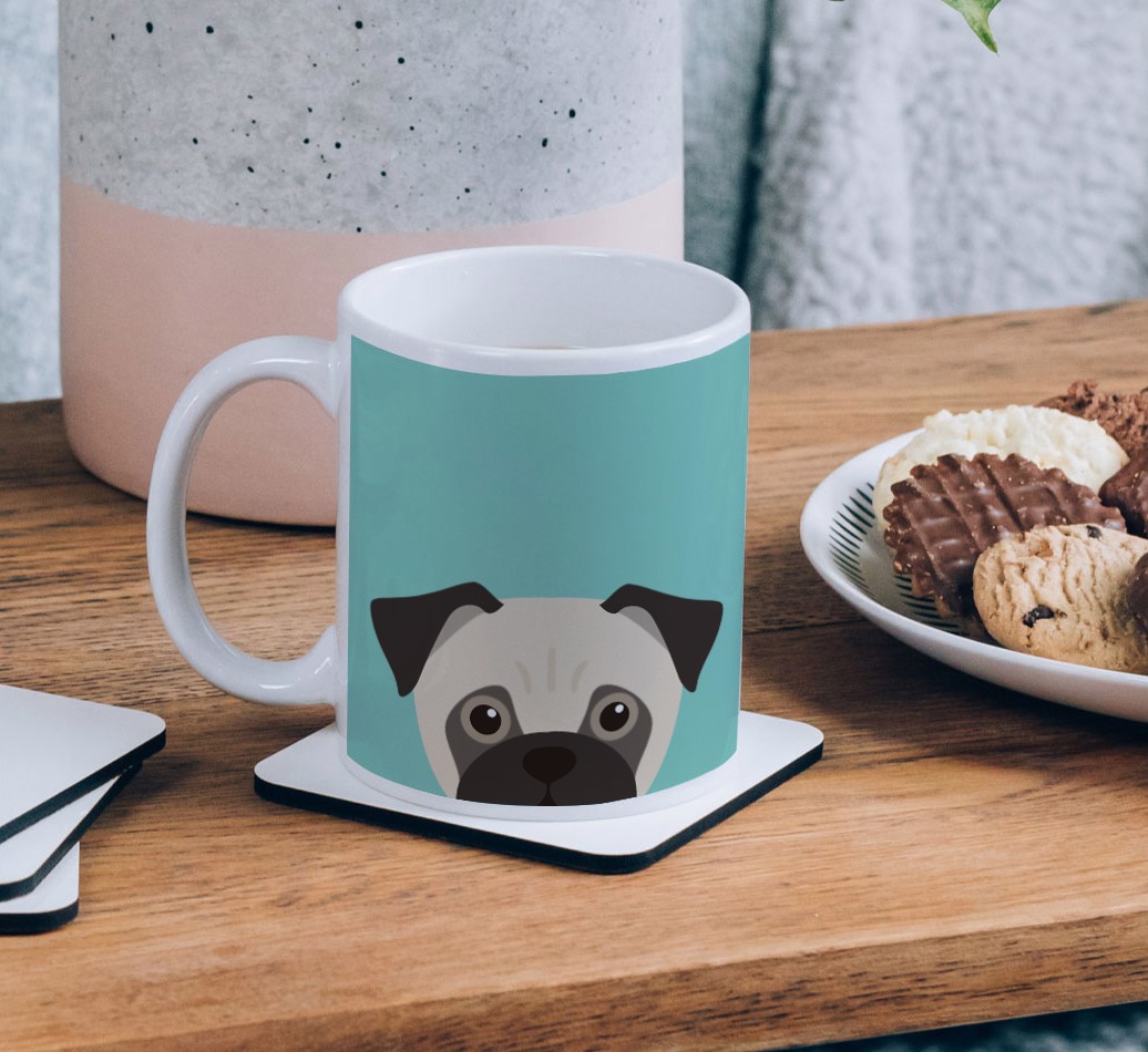 Peeking Icon: Personalised {breedCommonName} Mug - on a coffee table