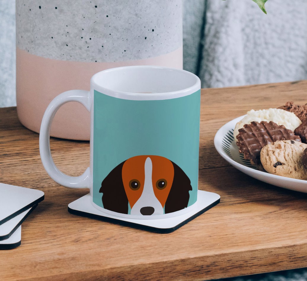 Peeking Icon: Personalised {breedCommonName} Mug - on a coffee table