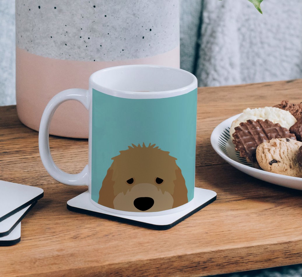 Peeking Icon: Personalized {breedCommonName} Mug - on a coffee table