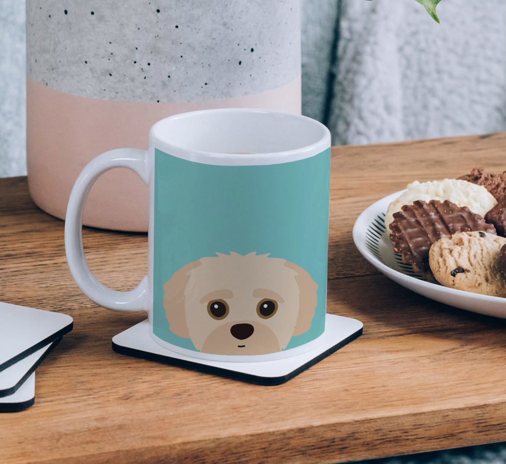 Peeking Icon: Personalised {breedCommonName} Mug - on a coffee table