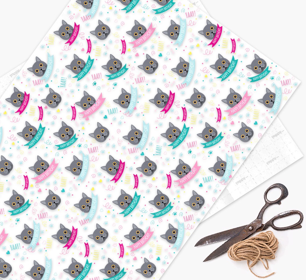 'Happy Birthday Ribbons' - Personalized {breedCommonName} Wrapping Paper - flat