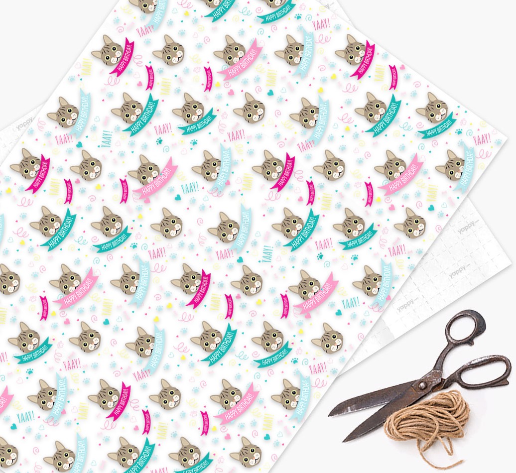 'Happy Birthday Ribbons' - Personalised {breedCommonName} Wrapping Paper - flat