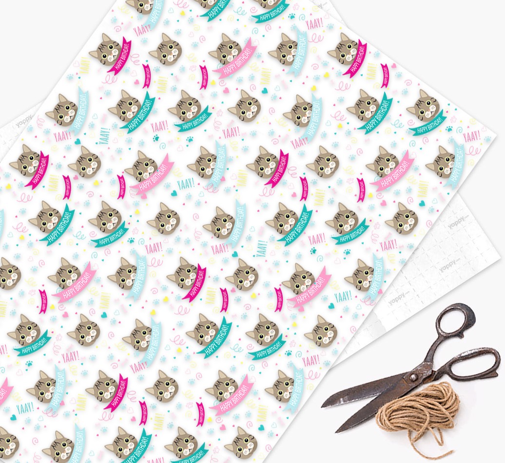 'Happy Birthday Ribbons' - Personalized {breedCommonName} Wrapping Paper - flat