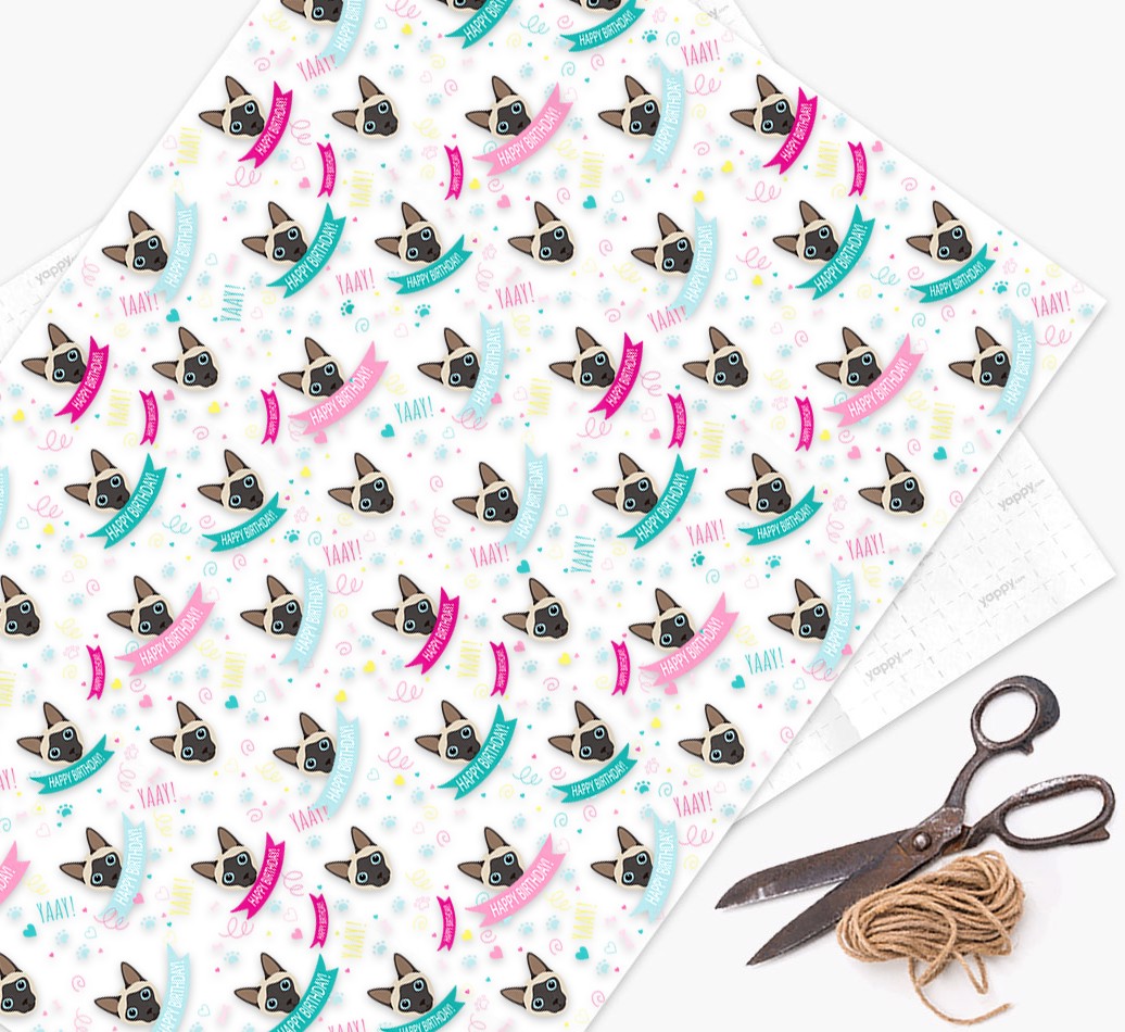 'Happy Birthday Ribbons' - Personalised {breedCommonName} Wrapping Paper - flat