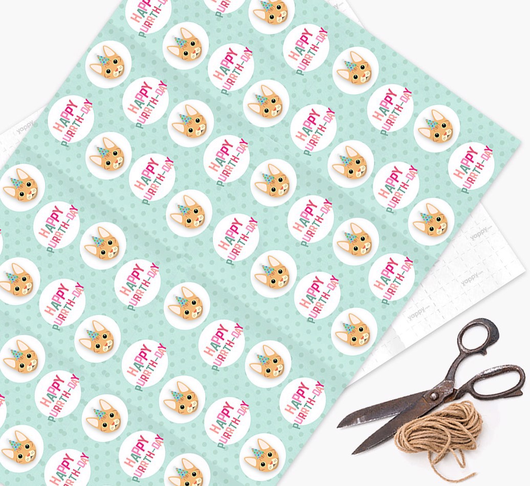 'Happy Purrth-Day' - Personalised {breedCommonName} Wrapping Paper - flat